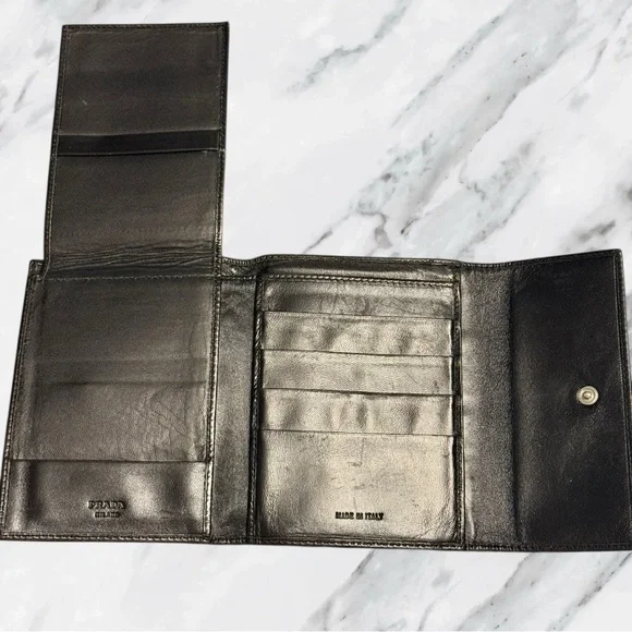Prada Authentic Saffiano Black Leather Triangle Logo Trifold Continental Wallet - Picture 7 of 7